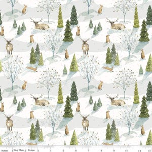 May include: A repeating pattern featuring a winter forest scene. The design includes deer, rabbits, evergreen trees, and bare trees on a snowy background. The color palette consists of muted greens, browns, and whites. The image has a watercolor style.