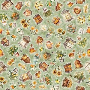 SALE Queen Bee Bee Hive & Plant Toss 30485 Sage H - by QT Fabrics - Floral Flowers Jar Fruit - Quilting Cotton Fabric