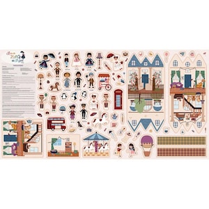 May include: A fabric play set featuring a dollhouse and various cut-out figures and accessories. The set includes a double-decker bus, carousel, and a hot air balloon. The color palette includes shades of beige, blue, red, and brown.