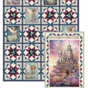 May include: A quilt pattern featuring a patchwork design with a central image of a castle and fairies. The quilt pattern is titled "Fairy Tales" and is available from Pine Tree Country Quilts. The company's website and contact information are included.