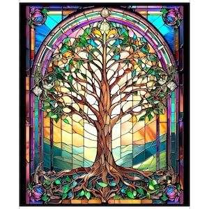 Tree of Life Panel 30758 Multi X - by QT Fabrics - Stained Glass Trees Sunrise  - Quilting Cotton Fabric