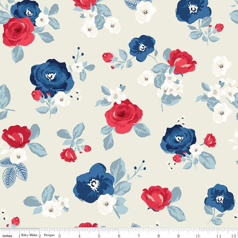 Patriotic Americana Floral Flowers Riley Blake Designs SALE Land of Liberty Main C10560 Cream choose cut Quilting Cotton Fabric