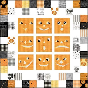 May include: A white background with nine orange jack-o'-lantern faces with different expressions. The faces are surrounded by a border of small squares in various patterns and colors, including black, white, gray, and yellow.