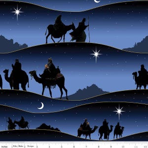 May include: Silhouette illustration of three wise men riding camels against a blue starry night sky. The camels are walking in a line, with the wise men riding on their backs. The stars are white and the sky is a dark blue. The image is a repeating pattern.