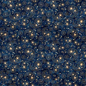 May include: A repeating pattern of navy blue fabric with a celestial design. The pattern features gold-colored stars and paisley shapes, creating a night sky effect. The stars vary in size and are scattered across the fabric.