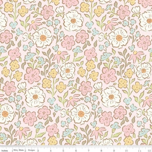 May include: A fabric print featuring a repeating floral pattern on a light pink background. The design includes white, yellow, and pink flowers with light blue accents and green stems. A 12-inch ruler is visible at the bottom of the image.
