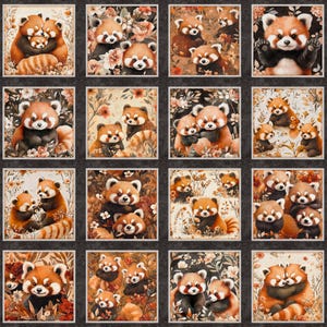 May include: A quilt featuring a grid of sixteen square panels, each displaying illustrations of red pandas in various poses amidst floral and foliage patterns, framed by a dark border with a vertical leaf motif on the left and right sides.