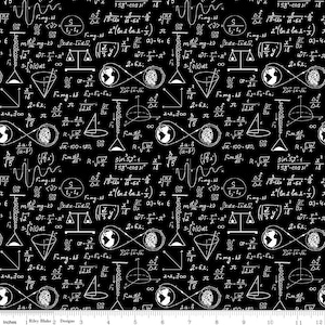 May include: A black and white seamless pattern featuring various mathematical formulas, equations, and symbols. The pattern includes a globe, a cone, a pendulum, and a seesaw. The pattern is repeated throughout the image.