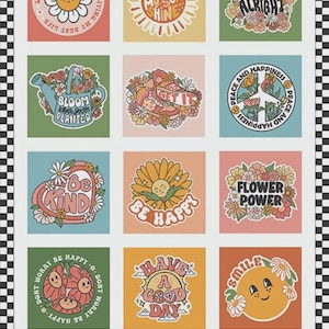 May include: A sheet of colorful stickers with a retro aesthetic. The stickers feature various designs, including flowers, suns, and positive phrases like "Best Friends," "Be Kind," and "Have a Good Day." The background has a black and white checkered pattern.