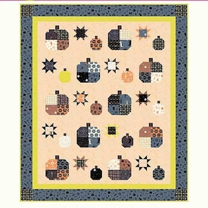 May include: A quilt pattern titled Pumpkin Patched by Copper Kettle Quilt Company. The design features a light peach background with a grid of pieced pumpkin blocks and star motifs in black, orange, grey, and lime green. A dark grey border surrounds the quilt, which includes runner and throw sizes. The text CKQ-2406 is printed at the bottom.