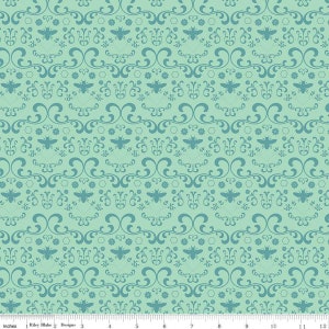May include: A teal blue fabric with a repeating pattern of bees, flowers, and swirls. The pattern is a vintage style.