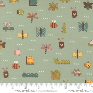 May include: A sage green fabric featuring a repeating pattern of various insects including butterflies, bees, dragonflies, snails, and caterpillars in shades of orange, brown, pink, and blue, accented with small white cross stitch marks.