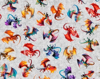 Dragon's Song Tossed Dragons 31151 Gray K - QT Fabrics - Fantasy Medieval Fairytale Creature - Quilting Cotton Fabric