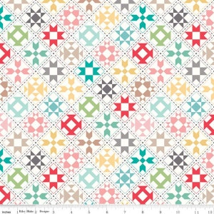 May include: A white fabric with a repeating pattern of colorful patchwork squares. Each square features a different geometric design, including stars, diamonds, and squares. The fabric is perfect for quilting, crafting, and other sewing projects.