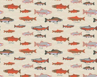 SALE Alaska Salmon C16168 Cream - Riley Blake Designs - Fish Water Text - Quilting Cotton Fabric