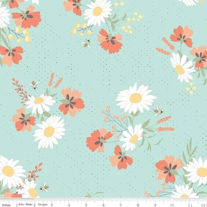 May include: A seamless fabric pattern featuring a repeating design of white daisies, coral-colored flowers, and small yellow flowers on a light blue background with a subtle speckled texture.  Bees are flying around the flowers.