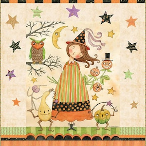 May include: A whimsical Halloween-themed illustration featuring a witch in a striped dress, surrounded by pumpkins, stars, and an owl. The artwork has a vintage, storybook style with a warm color palette of orange, green, and beige.