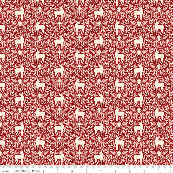 SALE Yuletide Forest Deer Damask C13544 Red - Riley Blake Designs - Christmas Cream Deer Leaves Mushrooms - Quilting Cotton Fabric