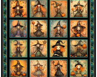 Witchypoo Witch Picture Patches Panel Black Halloween Fabric - 31934 - QT Fabrics Quilting Cotton Fabric
