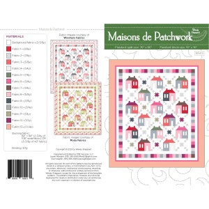May include: A quilting pattern for a quilt called "Maisons de Patchwork" with a finished size of 76 inches by 86 inches. The quilt features a patchwork design of houses and stars in shades of pink, red, gray, and green. The pattern includes instructions for cutting and sewing the quilt blocks.