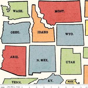 May include: A vintage-style map of the Western United States, featuring the states of Washington, Montana, Oregon, Idaho, Wyoming, Arizona, New Mexico, Utah, Tennessee, Kentucky, and Massachusetts. The map is printed on a white background with colored borders around each state.