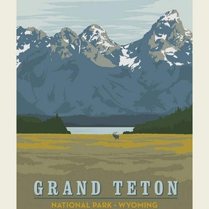 National Parks Poster Panel Grand Teton by Riley Blake Designs - Wyoming Mountains Lake Wildlife Recreation - Quilting Cotton Fabric