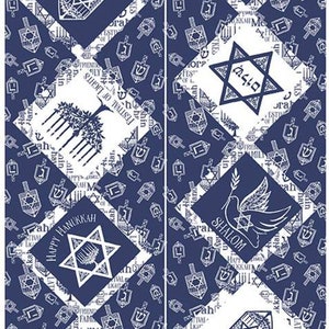 May include: Two blue and white Hanukkah-themed bookmarks. The bookmarks feature a repeating pattern of dreidels and Stars of David. Each bookmark has a central design with a Star of David, a dove, and a menorah.