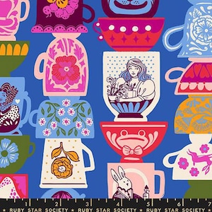 SALE Hello Alice Tea RS2122 Blue Ribbon - Moda Fabrics - Teacups Mugs Novelty Houseware - Ruby Star - Quilting Cotton Fabric