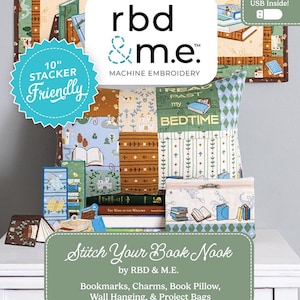 May include: A collection of fabric items with a book theme, including a pillow, project bags, and a wall hanging. The items feature various patterns and colors, with text that reads "Stitch Your Book Nook" and "Bedtime". A blue and white badge reads "10" Stacker Friendly".