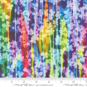 May include: A fabric featuring a vibrant, multi-colored vertical striped background in shades of yellow, orange, red, blue, and purple, overlaid with a repeating pattern of white, semi-transparent, four-petaled flower silhouettes.