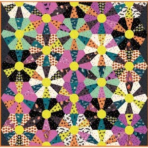 May include: A quilt featuring a repeating pattern of octagonal flower shapes with bright yellow centers. The petals are composed of various fabric segments in shades of purple, teal, black, and white, decorated with small Halloween-themed prints.
