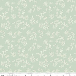 May include: A seamless fabric pattern featuring a repeating design of white stylized floral sprigs on a light green background.