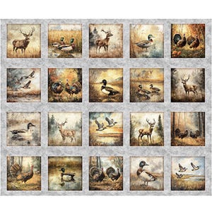 May include: A fabric panel featuring 16 squares, each with a different wildlife scene. The squares depict deer, ducks, turkeys, and other birds in natural settings, with a muted color palette of browns, greens, and grays.
