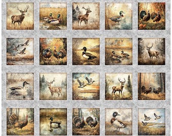 Forest, Field & Stream Wildlife Picture Patches Panel 31406 Gray K - - QT Fabrics -Hunting Outdoors Wildlife - Quilting Cotton Fabric