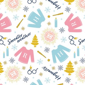 May include: A repeating pattern on a white background featuring light blue and pink sweaters with the letters "H" and "R", gold wands, eyeglasses, snowflakes, and text that says "Sweater weather" and "Hogwarts".