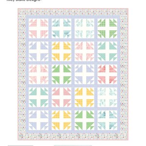 May include: A patchwork quilt titled "Hen and Chicks" with a finished size of 69.5 inches by 83 inches. The quilt features a repeating pattern of colorful blocks in pastel shades of pink, blue, yellow, and green. The border is a dotted pattern.