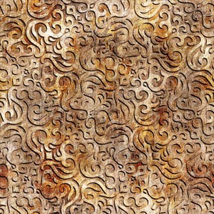 May include: A seamless pattern of intricate, gold-colored swirls and designs on a textured, brown background. The pattern is reminiscent of an ornate, metallic surface.