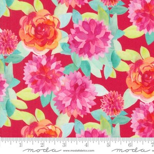 May include: Red fabric with a floral pattern featuring pink, orange, and green watercolor flowers. The fabric has a repeating pattern of flowers and leaves.