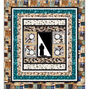 May include: A quilt with a teal border and a central design featuring a silhouette of a person in a trench coat standing in a doorway. The doorway is surrounded by a grid of smaller squares, each containing a different image, including magnifying glasses, keys, and other vintage illustrations.