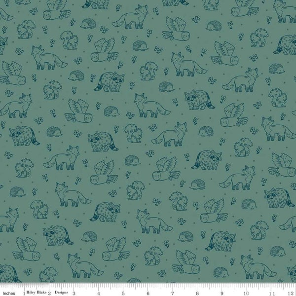 Camp Woodland Life C10463 Pine - Riley Blake - Outdoors Squirrels Racoons Foxes Hedgehogs Owls Flowers Green - Quilting Cotton Fabric