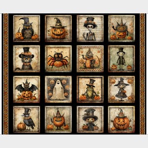May include: A fabric panel featuring sixteen square illustrations of Halloween characters including owls, cats, ghosts, and pumpkins. Each square is framed in black with a decorative orange and black border on the left and right sides of the panel.