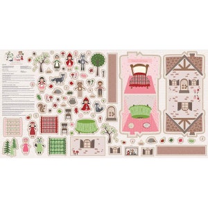 May include: A fabric panel with a red hooded figure, a wolf, a bear, a house, and other elements from the story of Little Red Riding Hood. The panel is designed for creating a playset or a craft project.