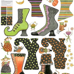 May include: A whimsical Halloween-themed sticker sheet featuring various witch boots in green, orange, and black, adorned with polka dots and stripes. Additional elements include cartoon characters, pumpkins, and stars.