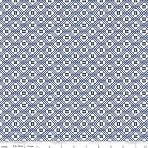 Bee Plaids Hugs C12021 Denim by Riley Blake Designs - Diagonal Geometric Floral Flowers Blue - Lori Holt - Quilting Cotton Fabric