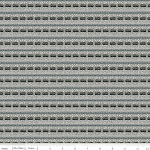 May include: A repeating pattern of gray and white stylized train cars on a gray background. The pattern is repeated horizontally and vertically.