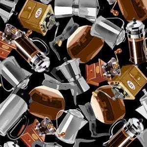 May include: A repeating pattern of coffee-making equipment on a black background. The image features various coffee makers, grinders, and French presses in shades of brown, silver, and gold. Some grinders have the word "CAFE" on them.