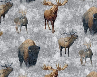 May include: A seamless fabric pattern featuring a repeating design of various woodland animals, including moose, elk, and bison, on a gray background.