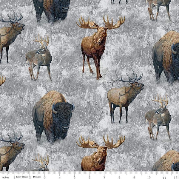 Big Game Main CD12970 Gray - Riley Blake Designs - DIGITALLY PRINTED Deer Elk Moose Bison - Quilting Cotton