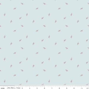 May include: A seamless pattern featuring small, delicate pink sprigs on a light blue background.