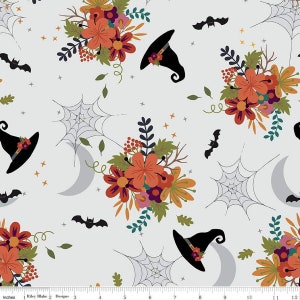 SALE Little Witch Main C14560 Smoke - Riley Blake Designs - Flowers Witch Hats Bats Spiderwebs Moons - Quilting Cotton Fabric